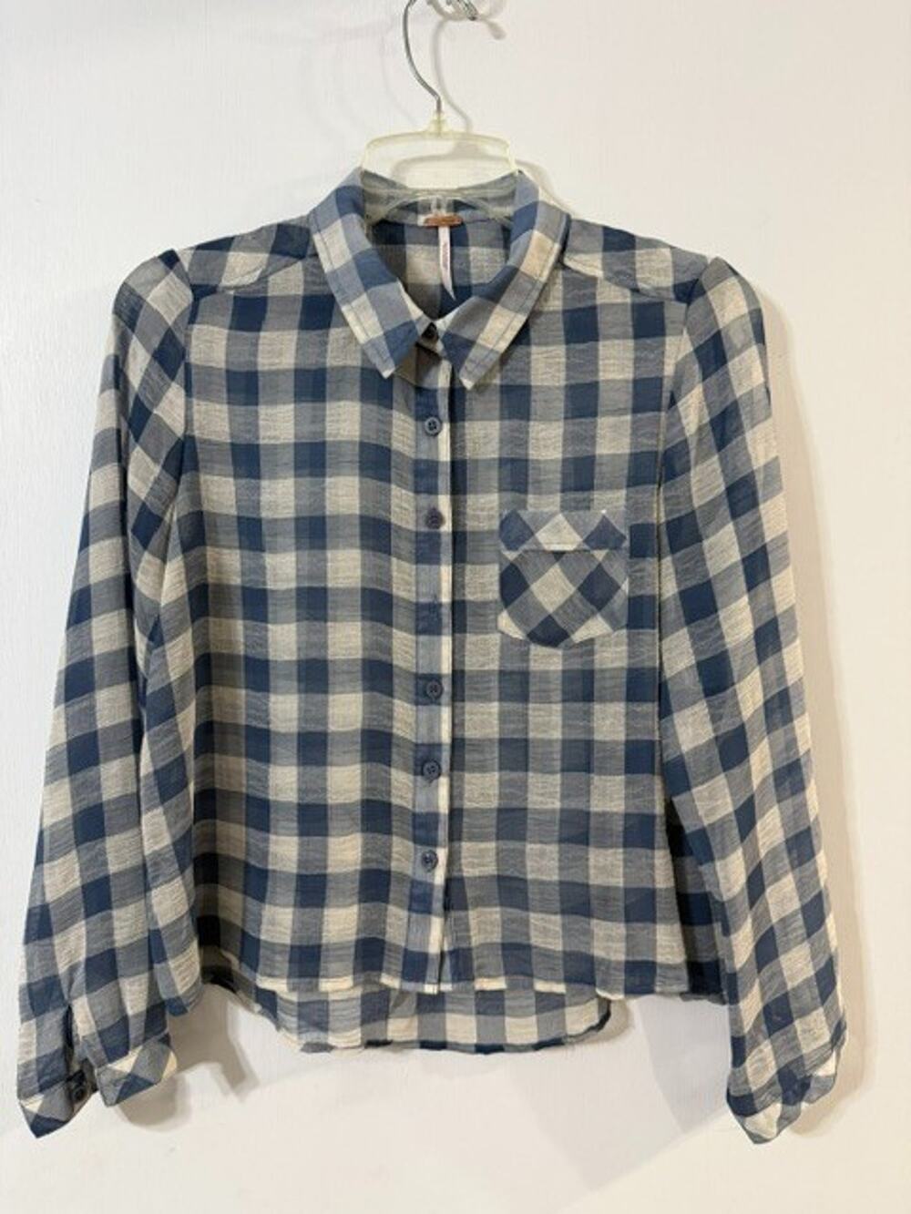 Free People Women's Sheer Blue Gingham Plaid Button-up Long Sleeve Shirt-Sz. XS